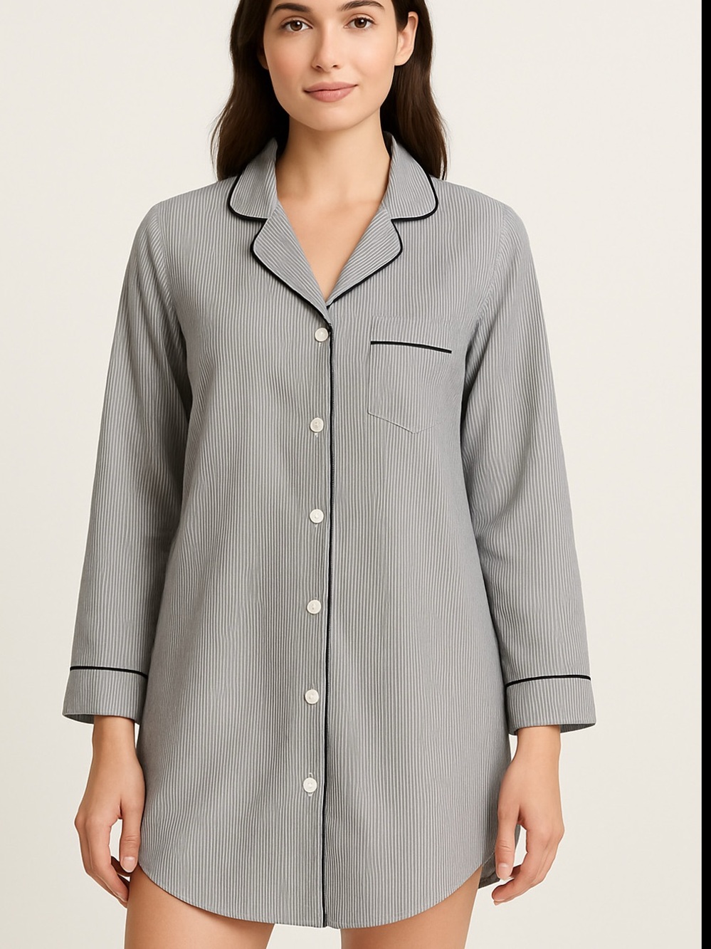 Lord & Taylor button up Pinstripe sleep Shirt nightshirt cotton white grey sz XL